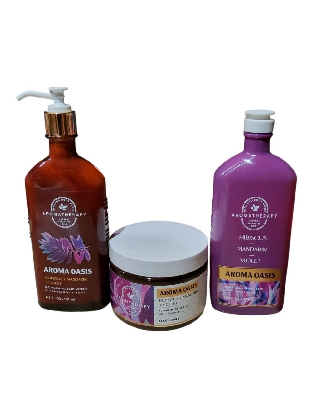 HIBISCUS MANDARIN VIOLET AROMA OASIS 3 PC BATH & BODY SET WASH, SCRUB, LOTION